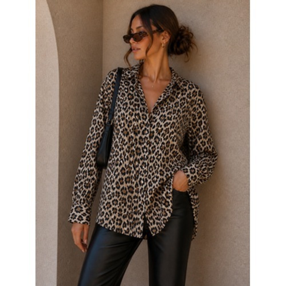 Zara Leopard Button Up Shirt Womens Small Satin Brown Animal Print Long Sleeve